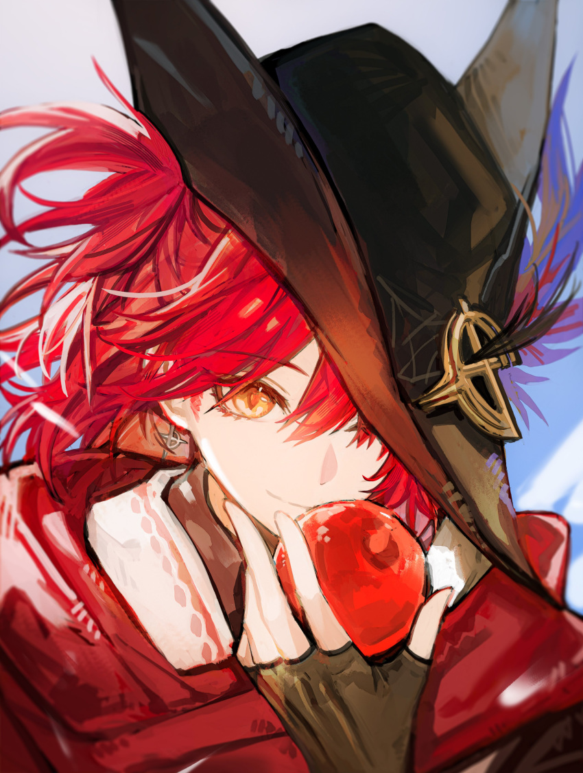 1girl, absurdres, apple, arknights, bard, black_gloves, black_hat, cape, closed_mouth, commentary_request, earrings, exusiai_(arknights), exusiai_the_new_covenant_(arknights), exusiai_the_new_covenant_(the_legend_seeker)_(arknights), feitong27, fingerless_gloves, food, fruit, gloves, hair_over_eyes, hat, hat_feather, highres, holding, jewelry, looking_at_viewer, official_alternate_costume, red_cape, red_hair, short_hair, smile, solo, tricorne, upper_body, yellow_eyes