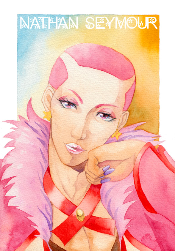 dark_skin, earrings, jewelry, lipstick, makeup, male, nail_polish, nathan_seymour, pink_eyes, pink_hair, short_hair, solo, tiger_&amp;_bunny, traditional_media, watercolor_(medium), yamakawa_yoron