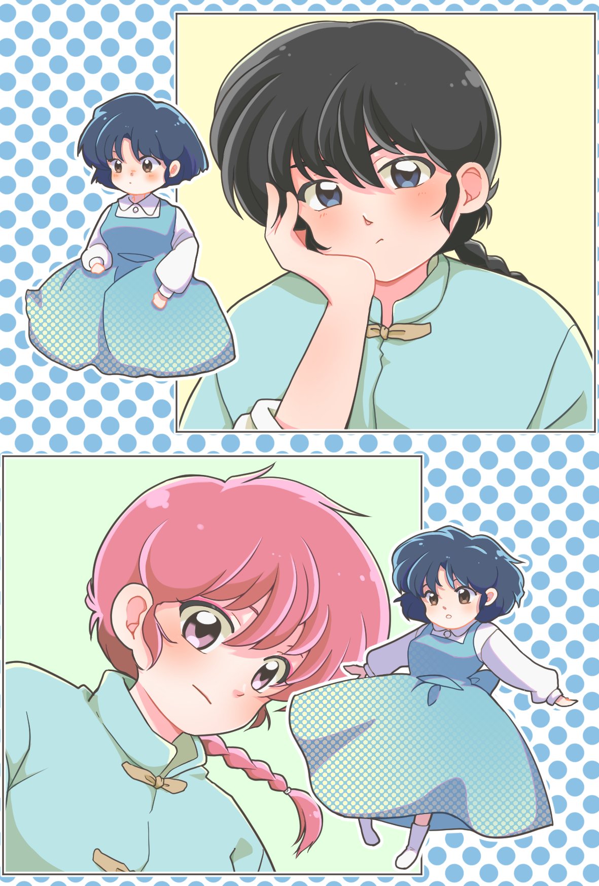 1boy, 2girls, black_hair, blue_background, blue_dress, blue_hair, blush, braid