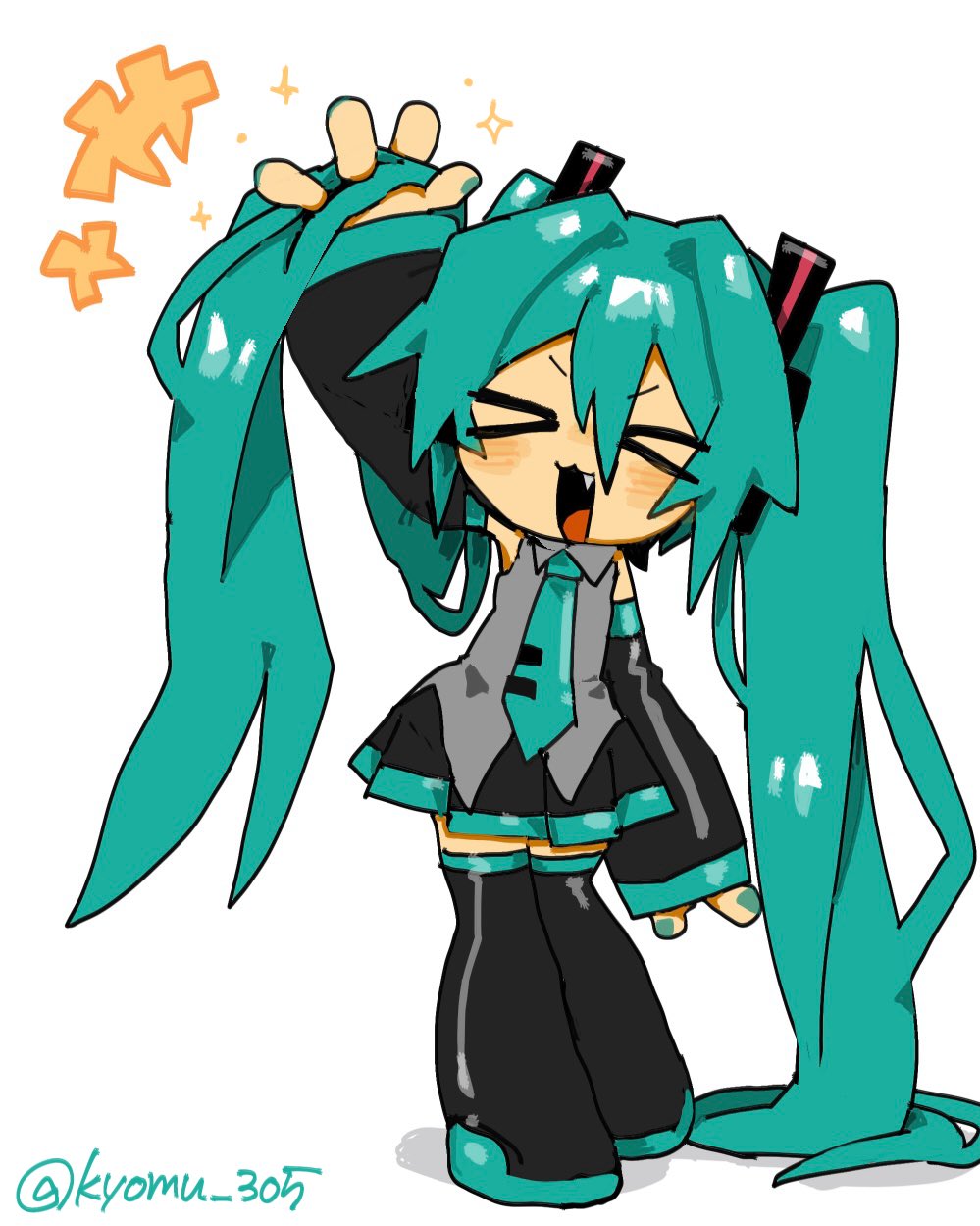 >_<, +++, 1girl, :3, :d, aqua_hair, aqua_necktie, arm_up
