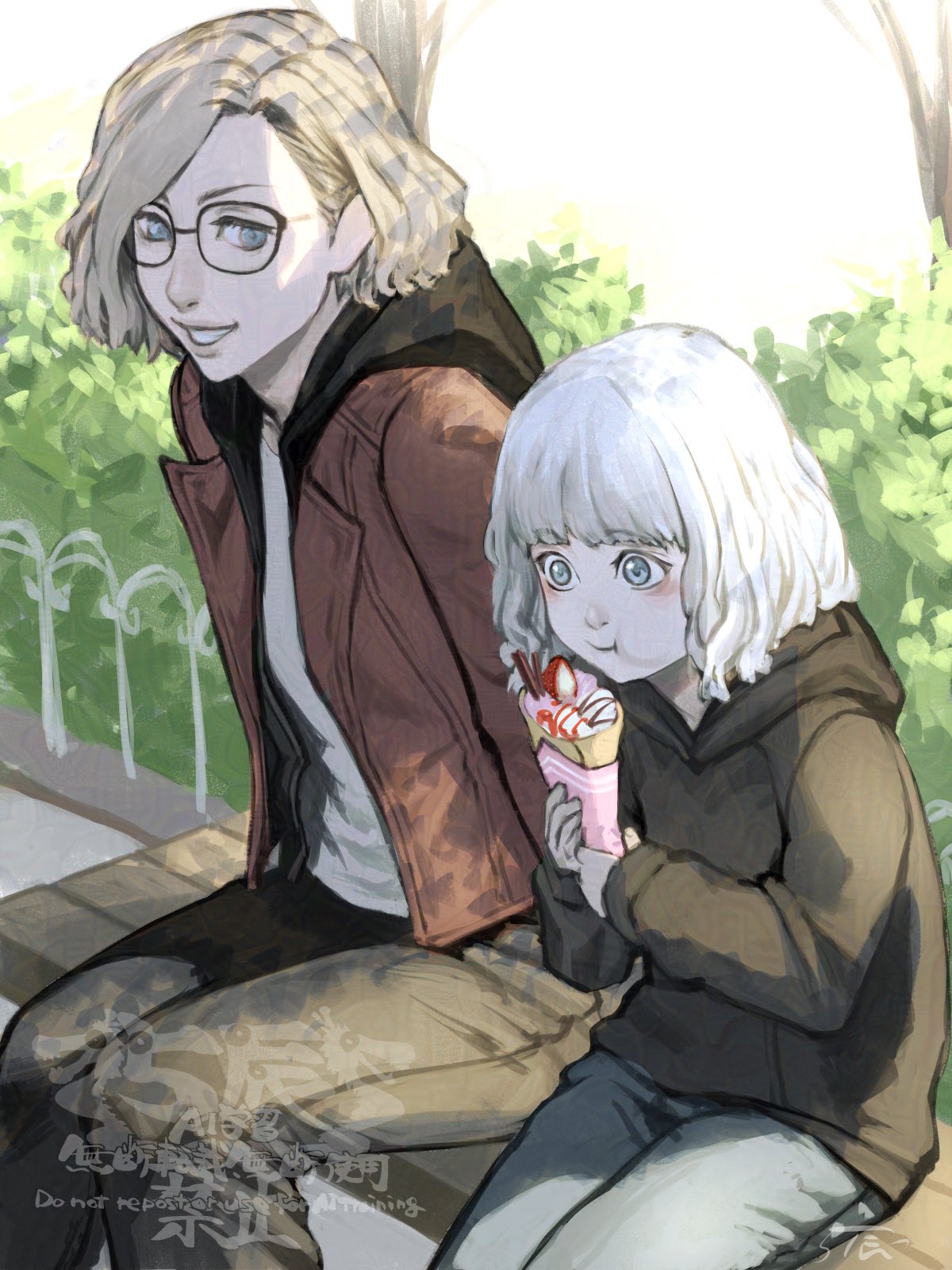 2girls, 5tatsu, blonde_hair, blue_eyes, blush, denim, emily_(resident_evil), food