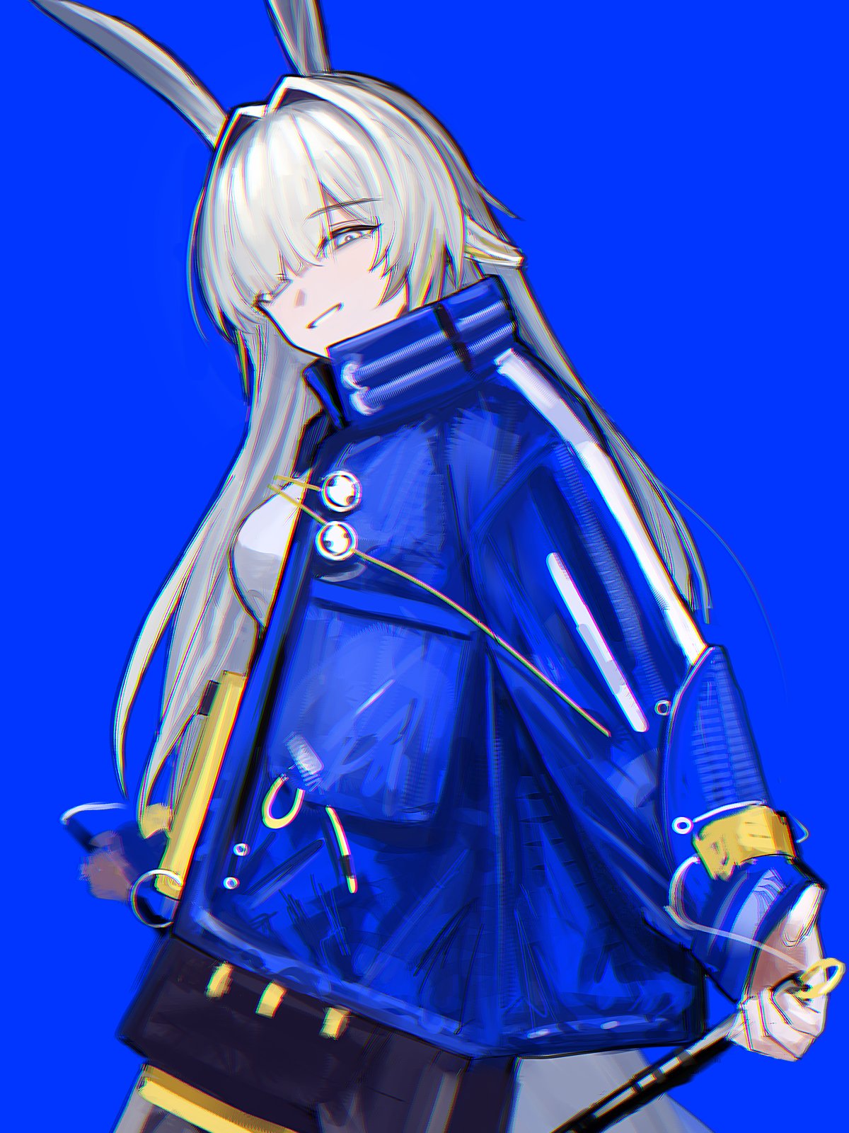 1girl, animal_ears, arknights, blue_background, blue_jacket, breasts, commentary_request, from_side