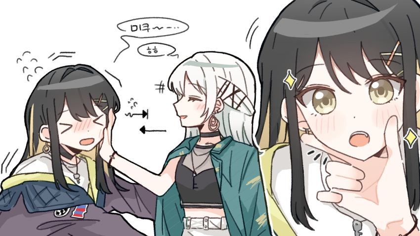 >_<, 2girls, at_09098, bang_dream!, bang_dream!_our_notes, black_choker, black_hair, blonde_hair