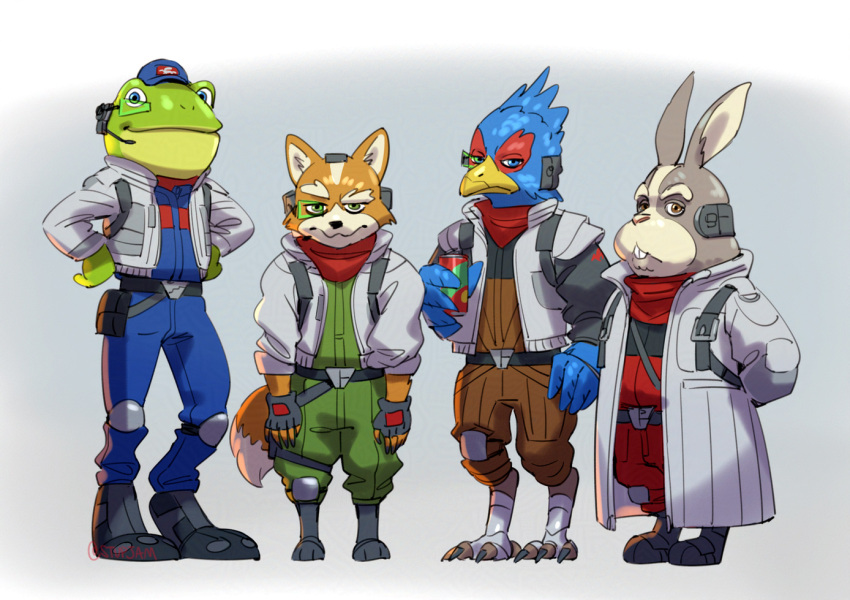 4boys, bird_boy, blue_bodysuit, bodysuit, brown_bodysuit, english_commentary, falco_lombardi, fox_boy