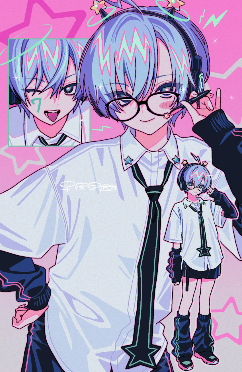 1boy, arm_warmers, black-framed_eyewear, black_arm_warmers, black_hairband, black_leg_warmers, black_necktie, black_shoes, black_shorts, blue_hair, blush_stickers, collared_shirt, commentary, cowboy_shot, full_body, green_eyes, hair_between_eyes, hairband, hand_on_own_hip, hand_up, hayane_hayaoki, highres, holding, holding_pen, leg_warmers, looking_at_viewer, male_focus, multiple_views, necktie, one_eye_closed, original, pen, pink_background, shirt, shoes, short_hair, short_sleeves, shorts, signature, single_blush_sticker, sleeves_past_wrists, smile, sneakers, standing, star-shaped_pupils, star_(symbol), symbol-shaped_pupils, tongue, tongue_out, white_shirt, y2k_fashion