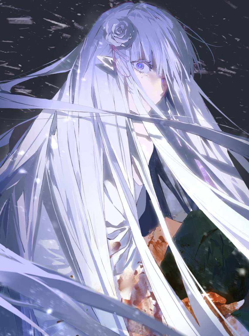 1girl, braid, crown_braid, elf, emilia_(re:zero), flower, hair_ornament, highres