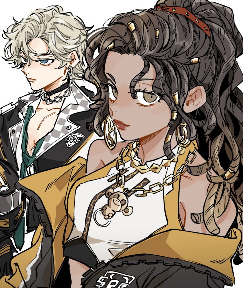 1boy, 1girl, aqua_eyes, bare_shoulders, black_choker, black_eyes, black_hair, black_jacket