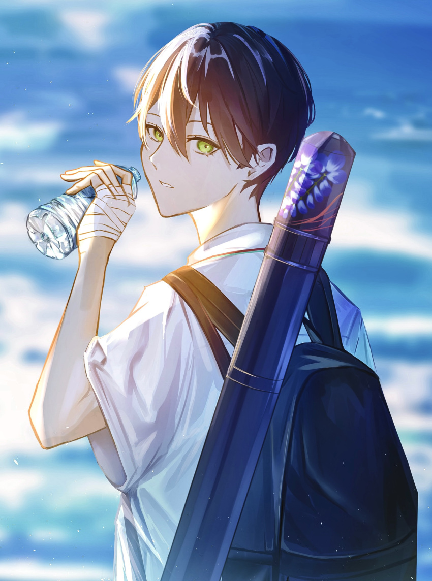 1boy, absurdres, bag, bandaged_hand, bandages, black_bag, black_hair, bottle, collared_shirt, commentary_request, from_behind, green_eyes, hair_between_eyes, highres, karu_(krr_t), kenmochi_touya, looking_at_viewer, male_focus, medium_hair, nijisanji, ocean, shirt, solo, virtual_youtuber, water, water_bottle, white_shirt