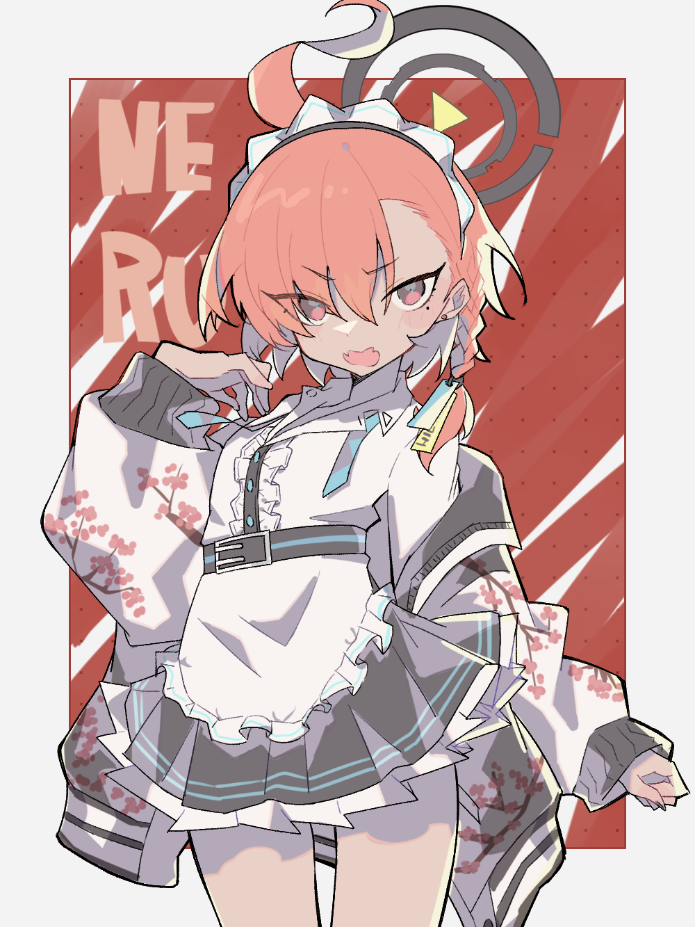 1girl, ahoge, apron, black_skirt, blue_archive, blush, border, commentary_request