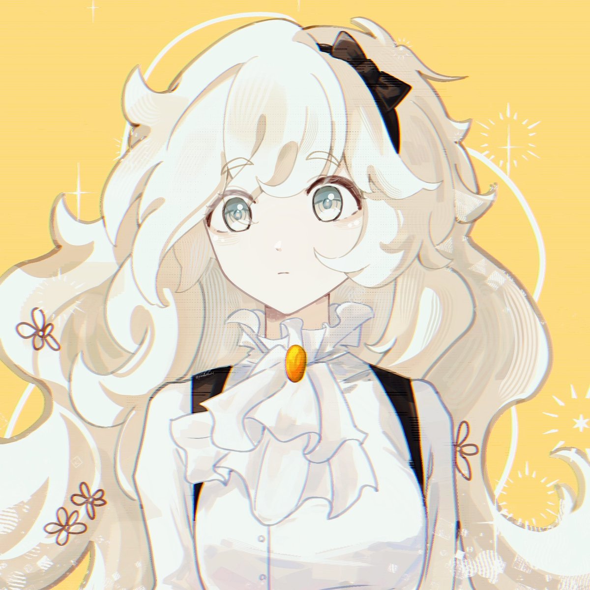 1girl, ascot, black_hairband, bow_hairband, breasts, brooch, buttons, charlotte_wiltshire, closed_mouth, doodle_inset, expressionless, flower, hairband, hello_charlotte, highres, jewelry, long_hair, medium_breasts, messy_hair, official_alternate_costume, pseudoc01or, shirt, solo, sparkle, sparkling_aura, suspenders, white_ascot, white_eyes, white_hair, white_shirt, yellow_background