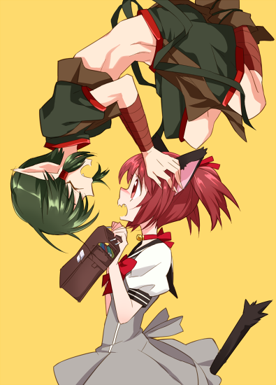 1boy, 1girl, animal_ears, bag, blush, brown_bag, cat_ears, cat_girl