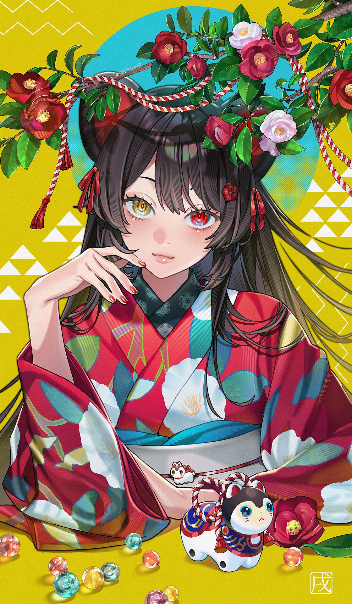 1girl, animal_ears, artist_name, black_hair, branch, closed_mouth, commentary_request, dog_ears