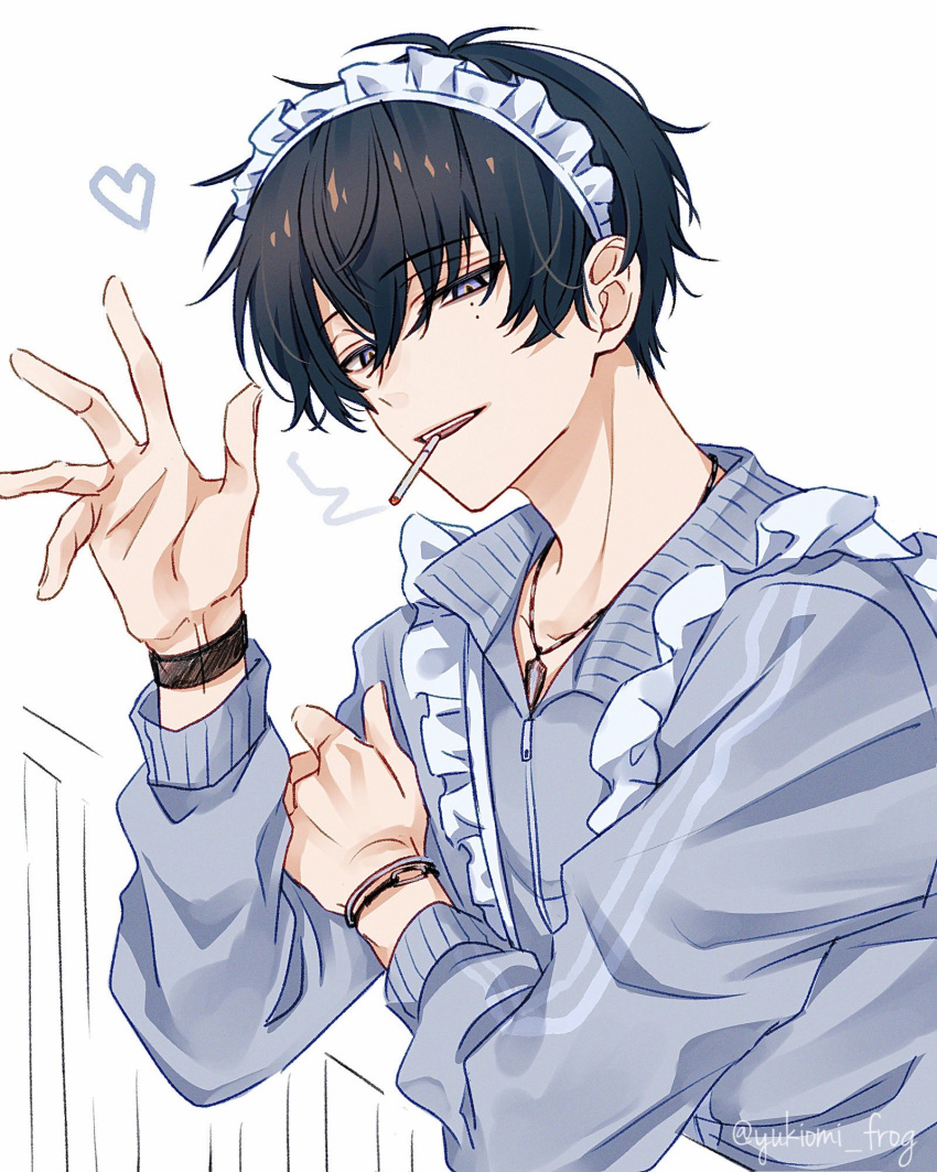 18trip, 1boy, against_railing, apron, black_hair, bracelet, cigarette, commentary