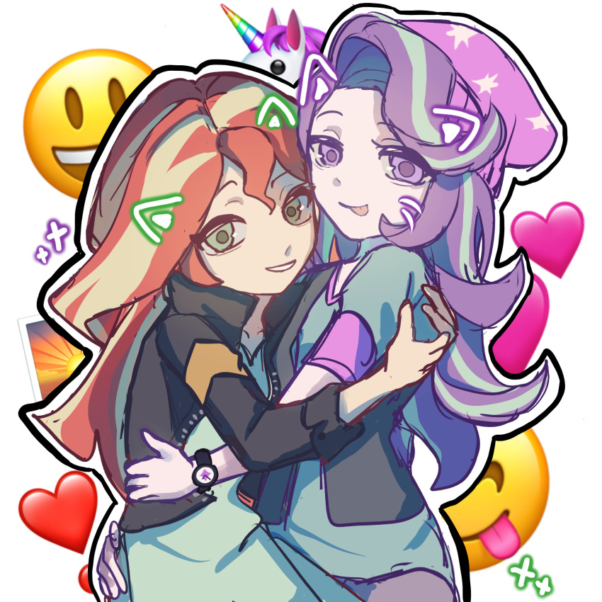 2girls, :d, :p, aegyo_sal, alternate_skin_color, animal_ears, aqua_dress, aqua_shirt