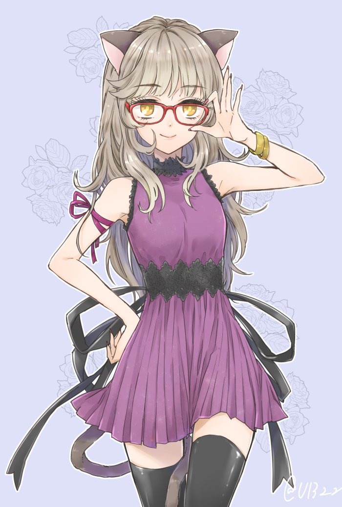 1girl, adjusting_eyewear, animal_ears, arm_ribbon, black_ribbon, black_thighhighs, blue_background, bracelet