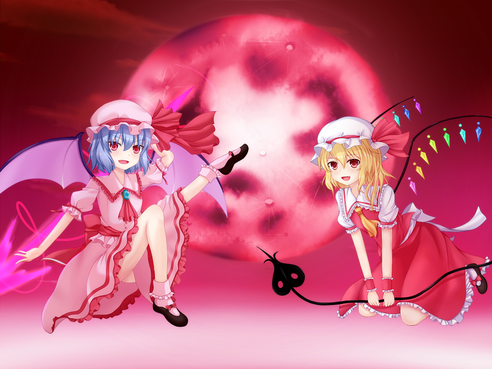 blonde_hair, blue_hair, dress, flandre_scarlet, frilled_dress, frills, full_moon, hat