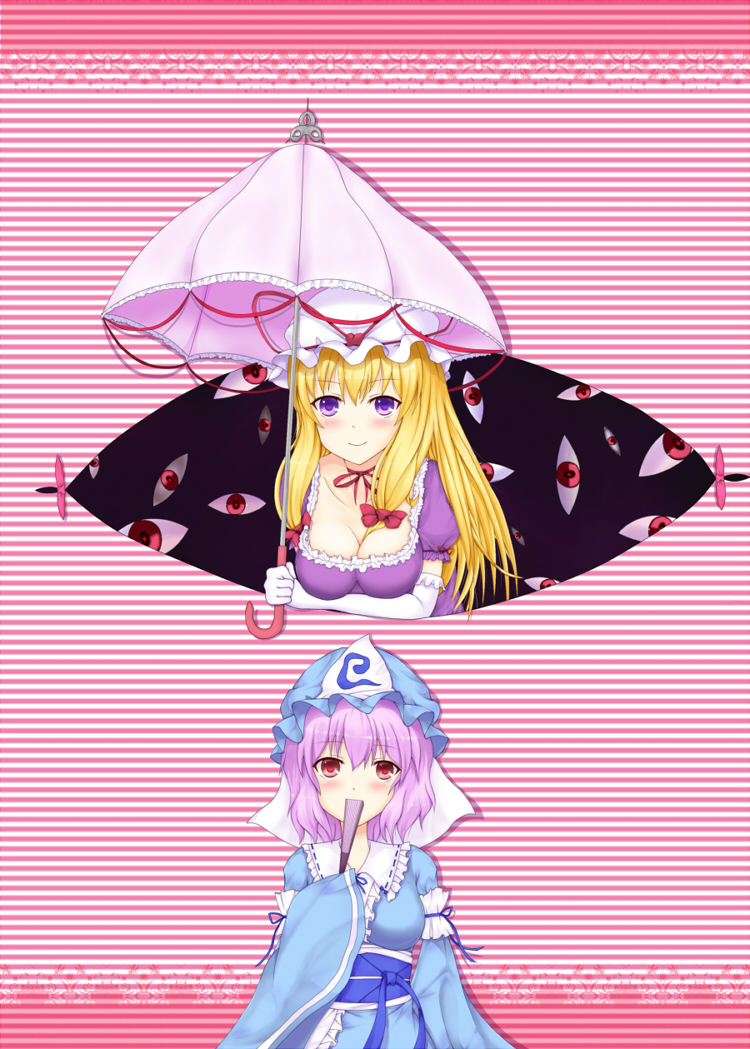 blonde_hair, blush, bow, breasts, cleavage, dress, elbow_gloves, fan