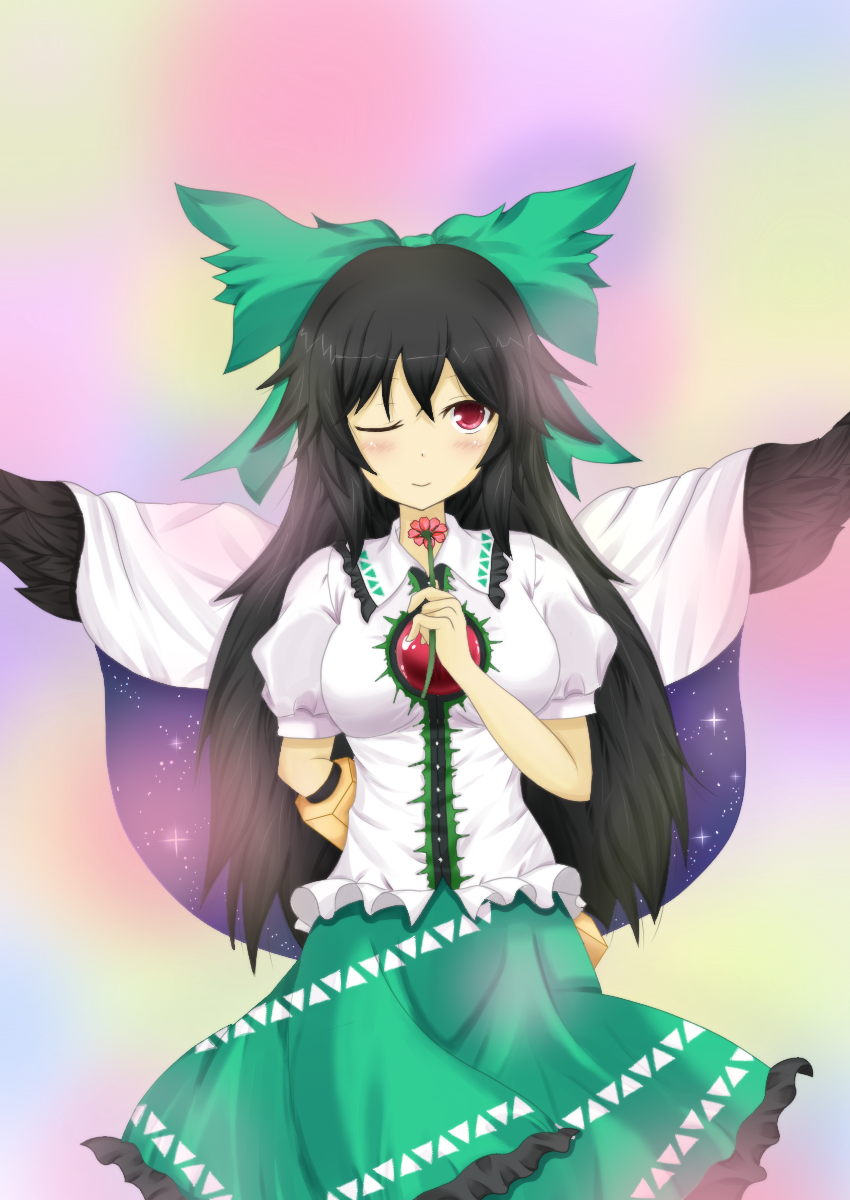 black_hair, black_wings, blush, cape, flower, highres, long_hair, red_eyes, reiuji_utsuho, skirt, smile, third_eye, touhou, weapon, wings, wink, yosshii_(ropichan2)