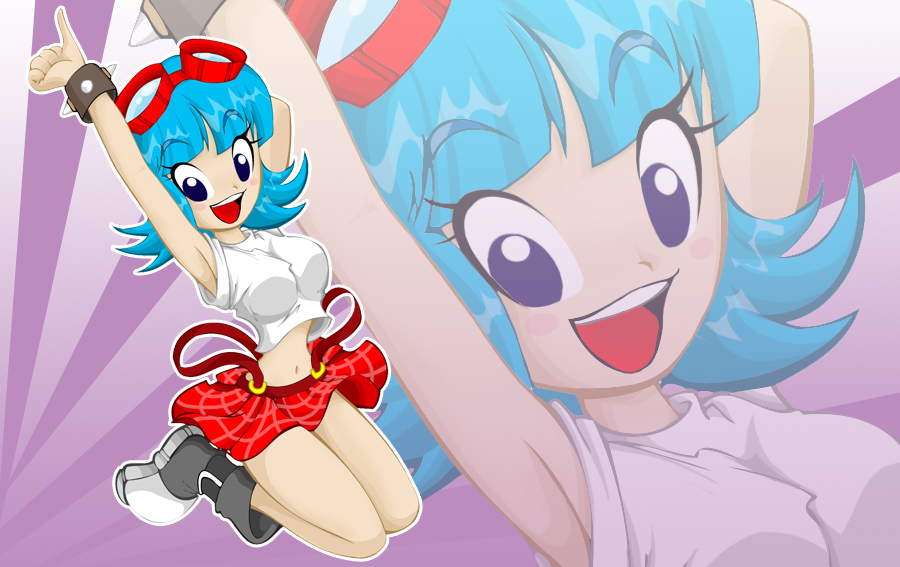 armpits, arms_up, black_boots, blue_eyes, blue_hair, blush_stickers, boots, bracelet, braces, breasts, el_tigre, frida_suarez, goggles, goggles_on_head, hands_up, jago_dibuja, jewelry, jumping, large_breasts, looking_at_viewer, midriff, miniskirt, navel, open_mouth, plaid_clothes, plaid_skirt, red_skirt, shirt, short_hair, short_sleeves, skirt, smile, spiked_bracelet, spikes, teeth, upper_teeth_only, white_shirt