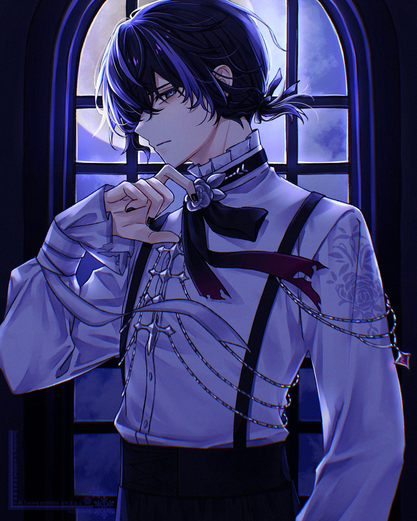 18trip, 1boy, black_hair, black_nails, black_ribbon, brooch, closed_mouth, commentary, cowboy_shot, flower_brooch, frilled_shirt_collar, frilled_sleeves, frills, hair_between_eyes, hand_up, highres, indoors, jewelry, kinugawa_kiroku, long_sleeves, looking_at_viewer, male_focus, moon, multicolored_hair, ponytail, ribbon, shirt, short_hair, short_ponytail, solo, streaked_hair, untranslatable_commentary, white_shirt, yukiomi_frog