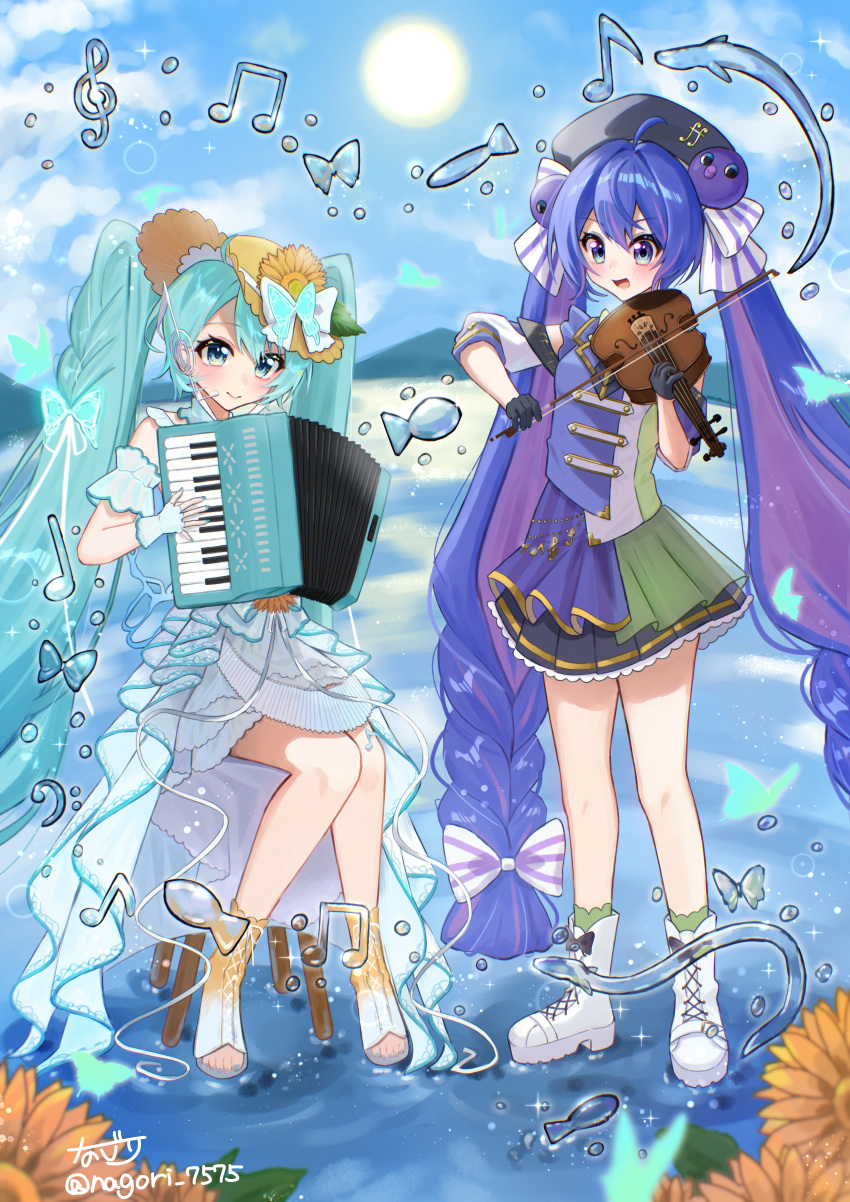 2girls, absurdres, accordion, ahoge, aqua_eyes, aqua_hair, aqua_nails, black_gloves