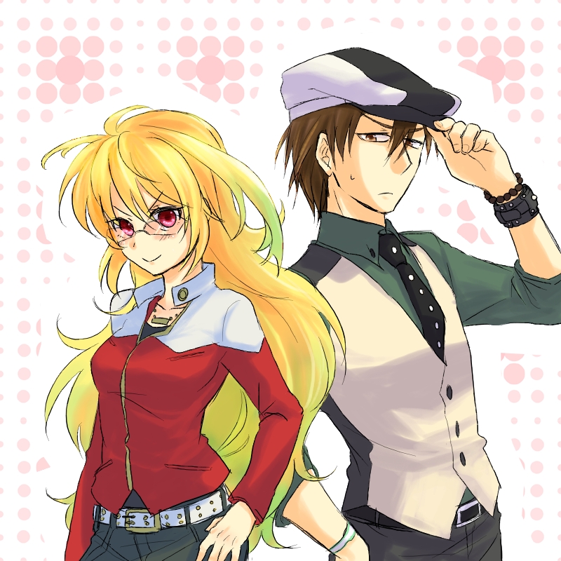 1girl, alvin_(tales_of_xillia), barnaby_brooks_jr, barnaby_brooks_jr_(cosplay), belt, blonde_hair, bracelet, brown_hair