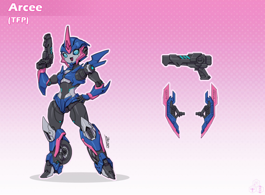 1girl, arcee, arcee_(prime), blue_eyes, gun, hand_on_own_hip, handgun, helmet