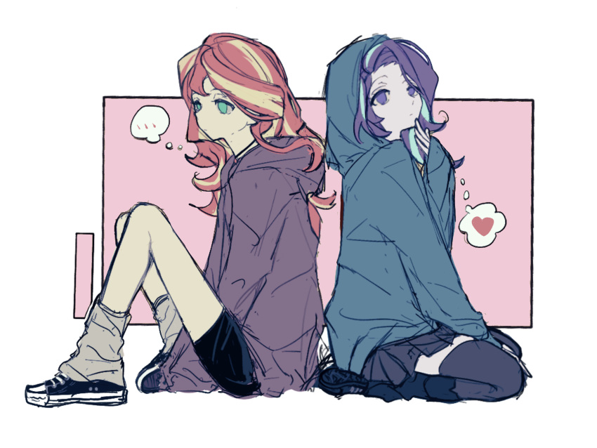 ..., 2girls, :|, alternate_costume, arms_between_legs, back-to-back, bare_legs, bike_shorts
