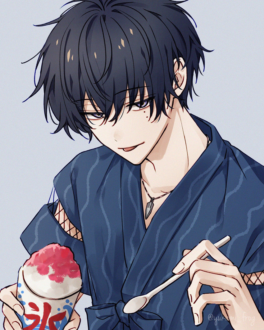 18trip, 1boy, arm_cutout, black_hair, closed_mouth, clothing_cutout, commentary, food