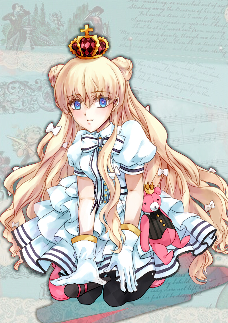1girl, black_pantyhose, blue_eyes, closed_mouth, crown, double_bun, dress, eiyuu_senki