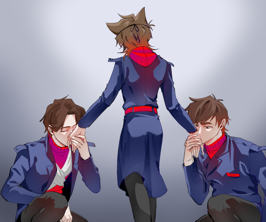 3boys, animification, antenna_hair, bad_id, bad_twitter_id, beard_stubble, belt, black_pants
