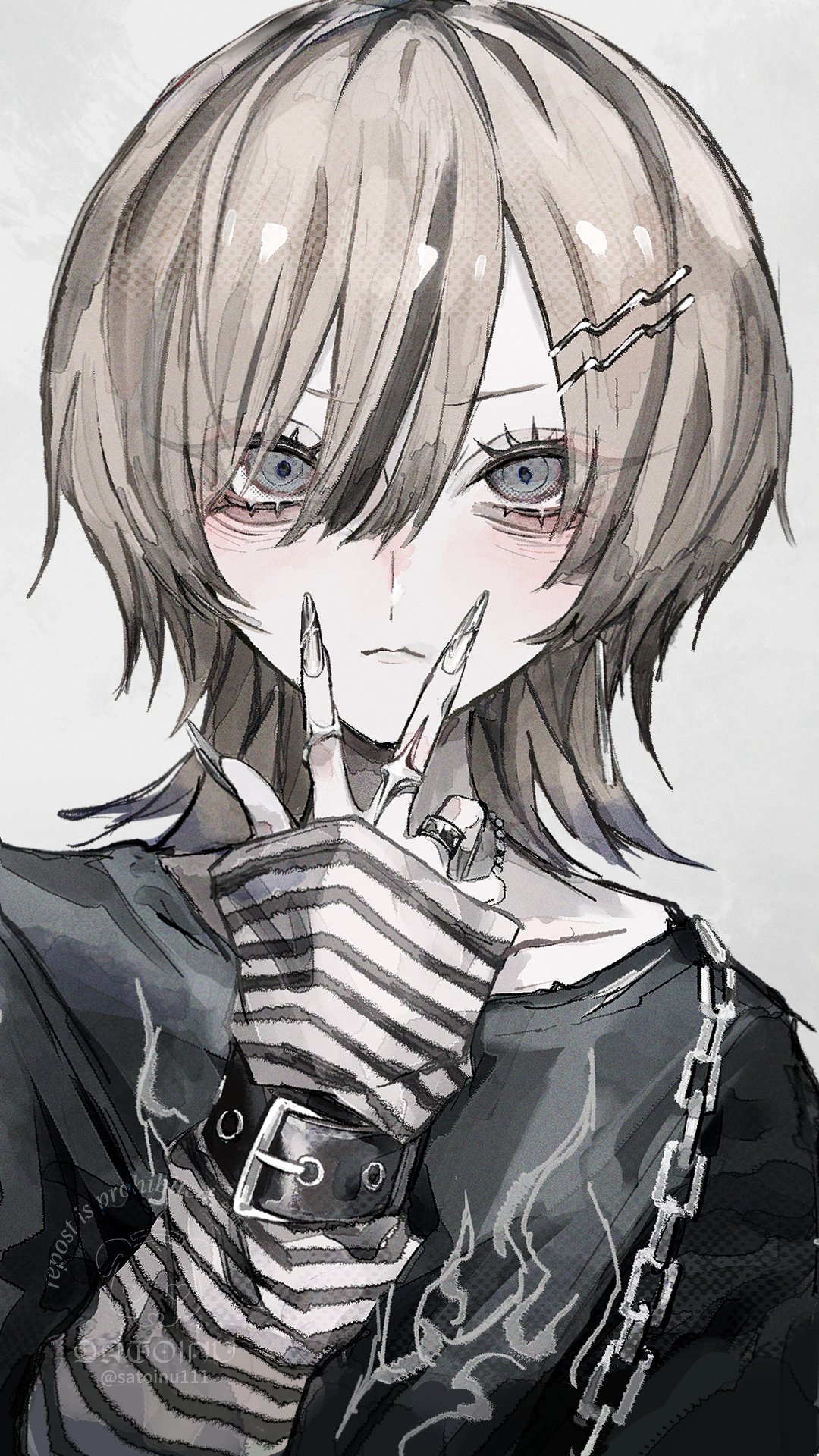 1girl, belt, black_belt, black_shirt, blonde_hair, blue_eyes, blunt_bangs, breasts