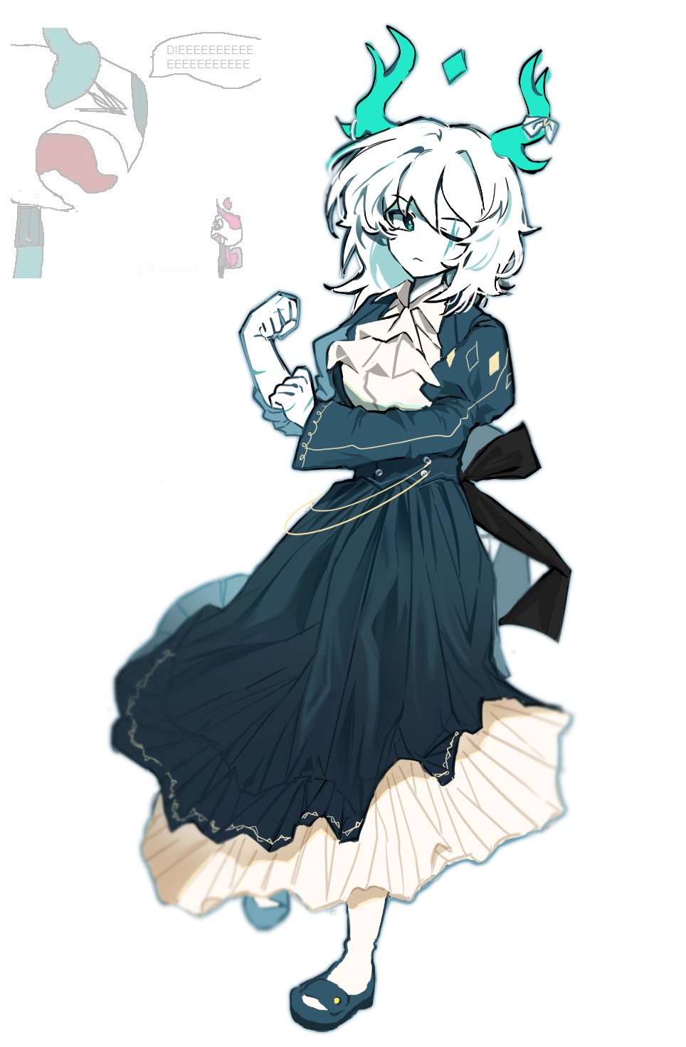 1girl, aqua_dress, aqua_eyes, aqua_horns, aqua_shoes, back_ribbon, black_ribbon, chaw_qh