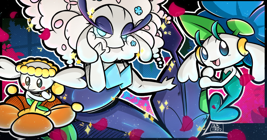 :d, absurdres, alternate_color, blue_eyes, blue_flower, blush, evolutionary_line, falling_petals