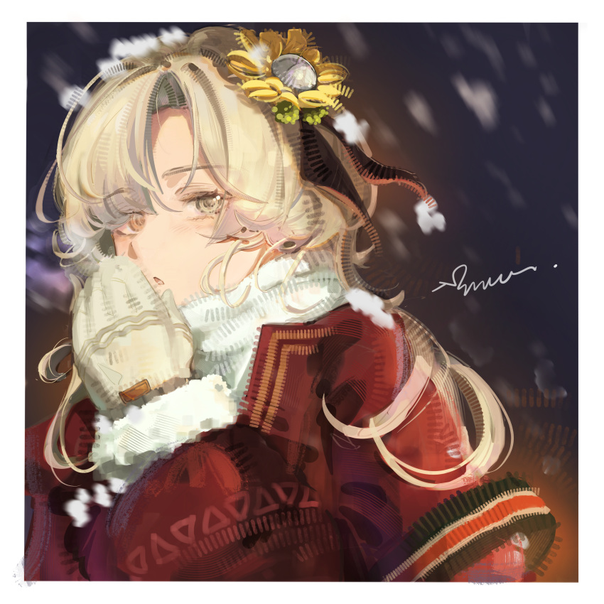 1girl, absurdres, border, chinese_commentary, coat, commentary_request, flower, gloves