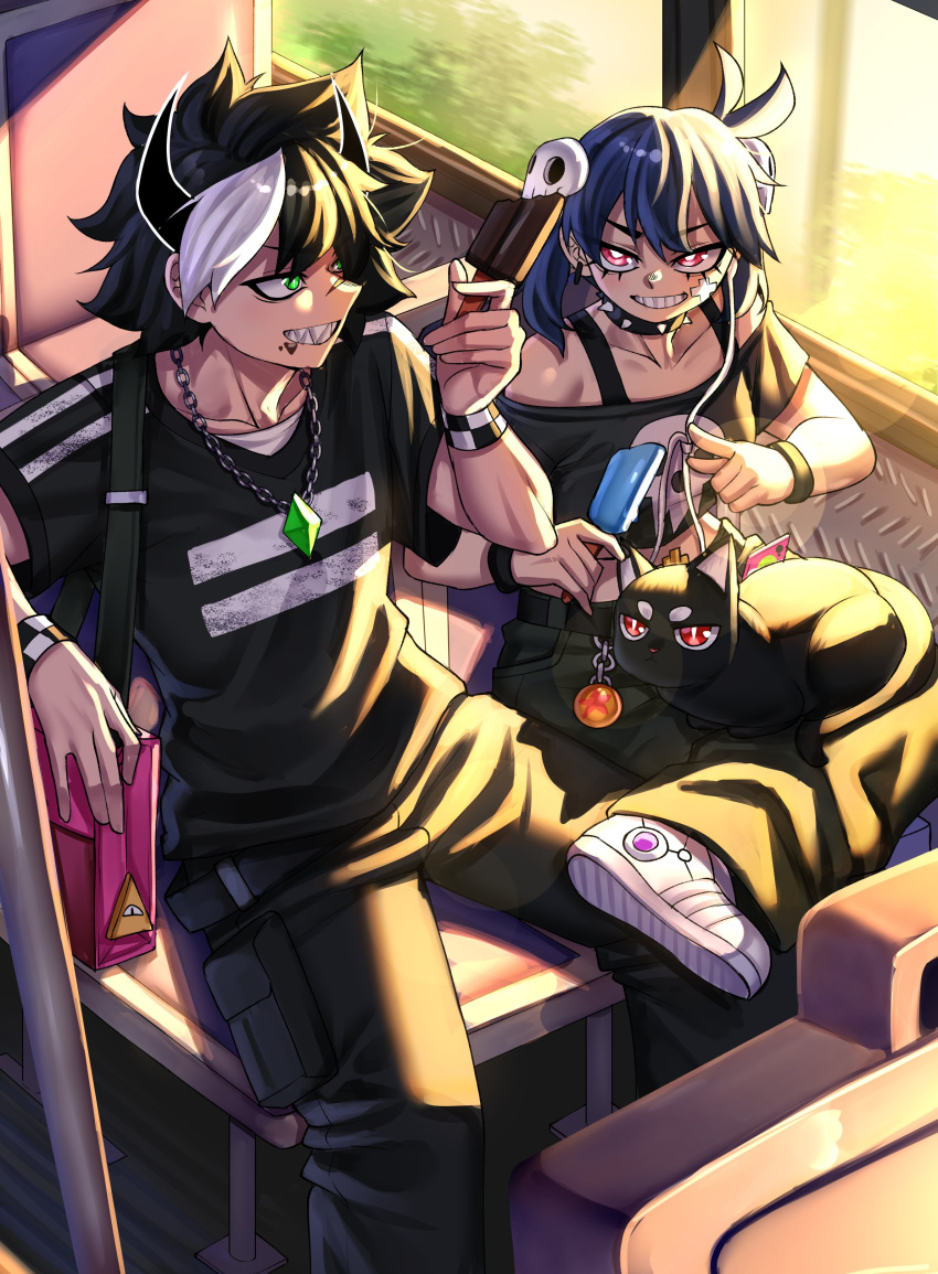 1boy, 1girl, absurdres, animal_on_lap, black_hair, black_pants, black_shirt, blue_hair, borrowed_character, cat, cat_on_lap, collarbone, commentary, eyelashes, food, green_eyes, grin, hair_ornament, highres, holding, holding_food, holding_popsicle, indoors, jewelry, ji-yoon_(jourd4n), kuro_t._dragon, looking_at_another, off-shoulder_shirt, off_shoulder, on_lap, original, pants, pendant, pink_eyes, popsicle, rageman709, sharp_teeth, shirt, short_sleeves, skull_hair_ornament, smile, teeth, window