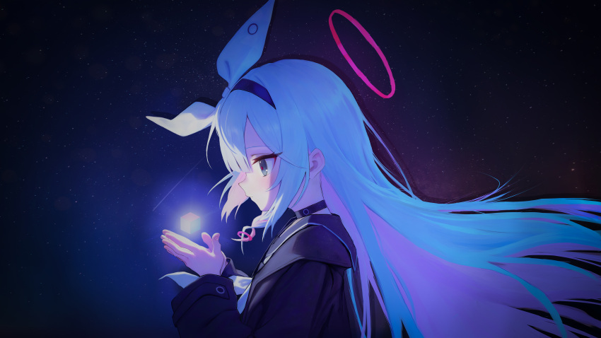 1girl, absurdres, black_choker, black_coat, black_eyes, black_hairband, black_sailor_collar, blue_archive