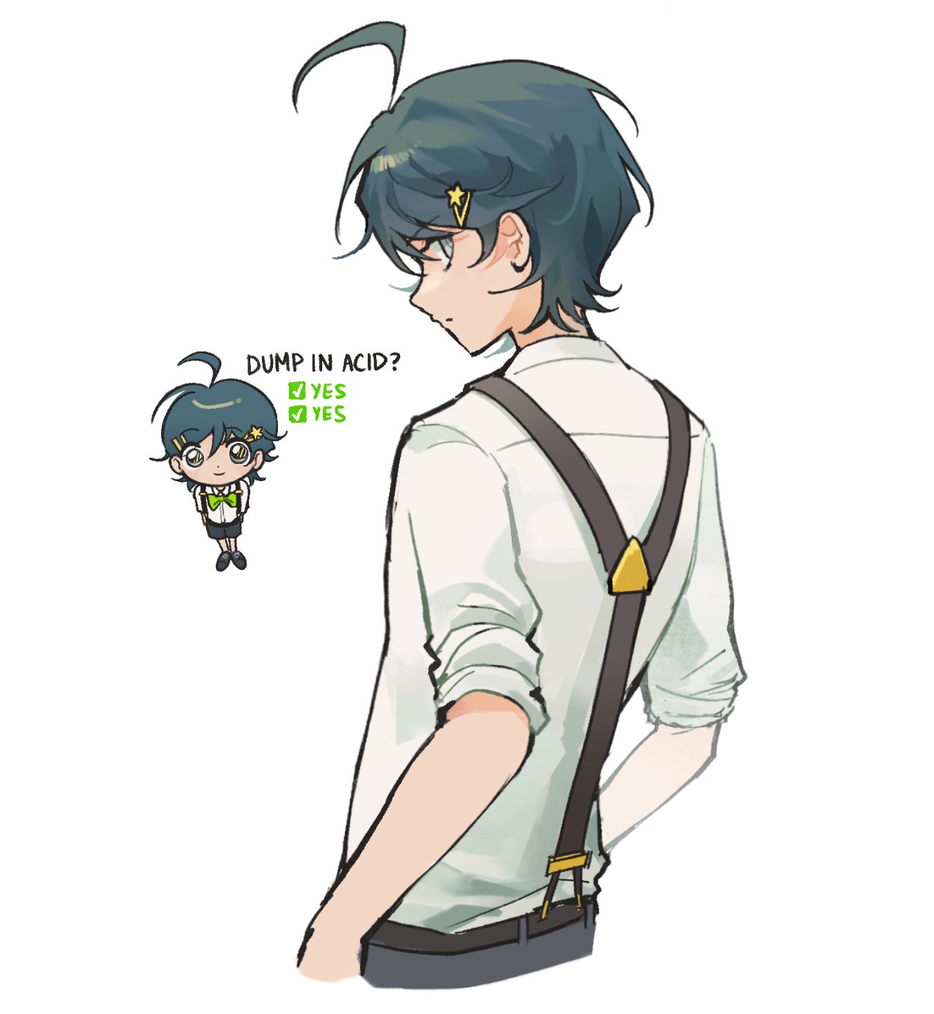 1boy, ahoge, arms_behind_back, black_shoes, blue_hair, bow, bowtie, checkmark, chibi, chibi_inset, collared_shirt, danganronpa:_despair_time, david_chiem, english_text, expressionless, green_bow, green_bowtie, grey_eyes, grey_pants, hair_ornament, hairclip, highres, looking_at_viewer, looking_back, multiple_views, pants, parallel_hairclips, shiny_eyes, shirt, shoes, short_hair, simple_background, sleeves_rolled_up, smile, solo, star_(symbol), star_hair_ornament, suspenders, triangle_hair_ornament, upper_body, white_background, white_shirt, xin_ci