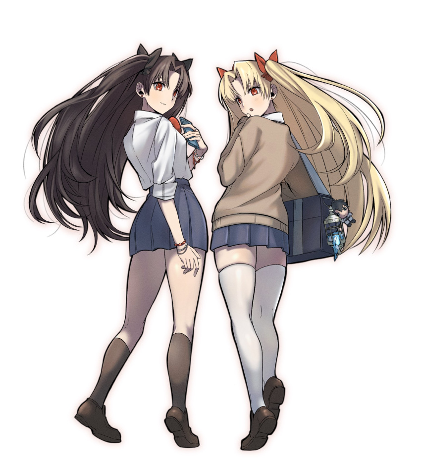 2girls, bag, black_hair, black_skirt, black_socks, blonde_hair, cage, cellphone