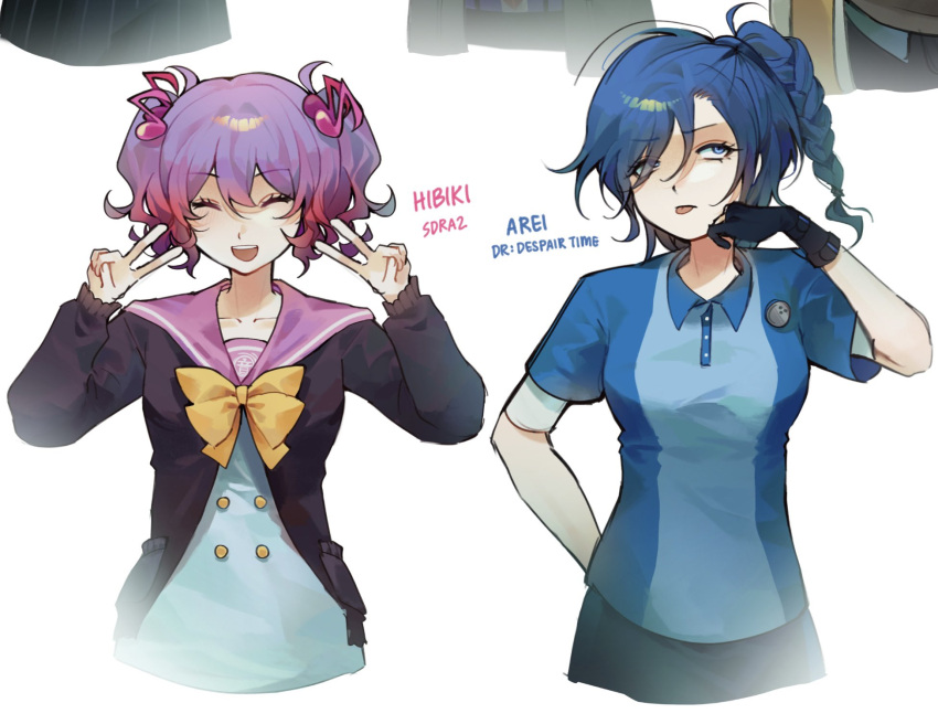 2girls, ^_^, arei_nageishi, arm_behind_back, badge, ball, black_gloves, black_jacket, blue_eyes, blue_hair, blue_shirt, blue_shorts, bow, bowling_ball, bowtie, button_badge, buttons, character_name, closed_eyes, collared_shirt, contrast_collar, copyright_name, danganronpa:_despair_time, danganronpa_another, double_v, fading, gloves, gradient_hair, grin, hair_ornament, hair_over_one_eye, hand_on_own_cheek, hand_on_own_face, hand_on_own_hip, high_braided_ponytail, high_side_ponytail, highres, jacket, medium_hair, multicolored_hair, multiple_girls, musical_note, musical_note_hair_ornament, otonokoji_hibiki, partially_fingerless_gloves, pink_hair, pink_sailor_collar, purple_hair, rolling_eyes, sailor_collar, school_uniform, shirt, short_sleeves, short_twintails, shorts, side_ponytail, simple_background, smile, super_danganronpa_another_2, tongue, tongue_out, twintails, v, white_background, white_shirt, xin_ci, yellow_bow, yellow_bowtie