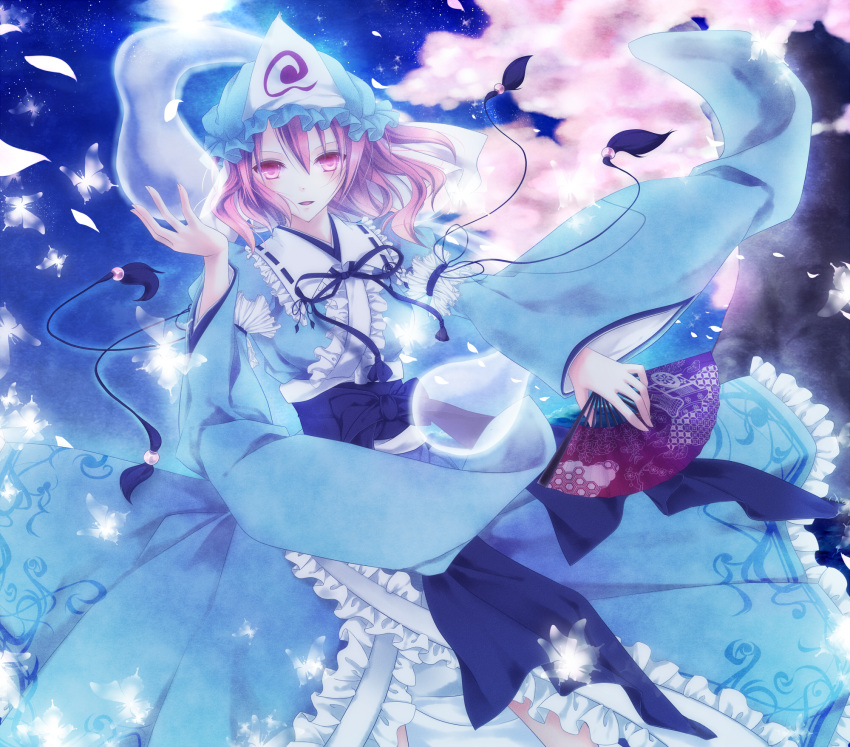 absurdres, arm_ribbon, blue_dress, butterfly, cherry_blossoms, dress, fan, ghost