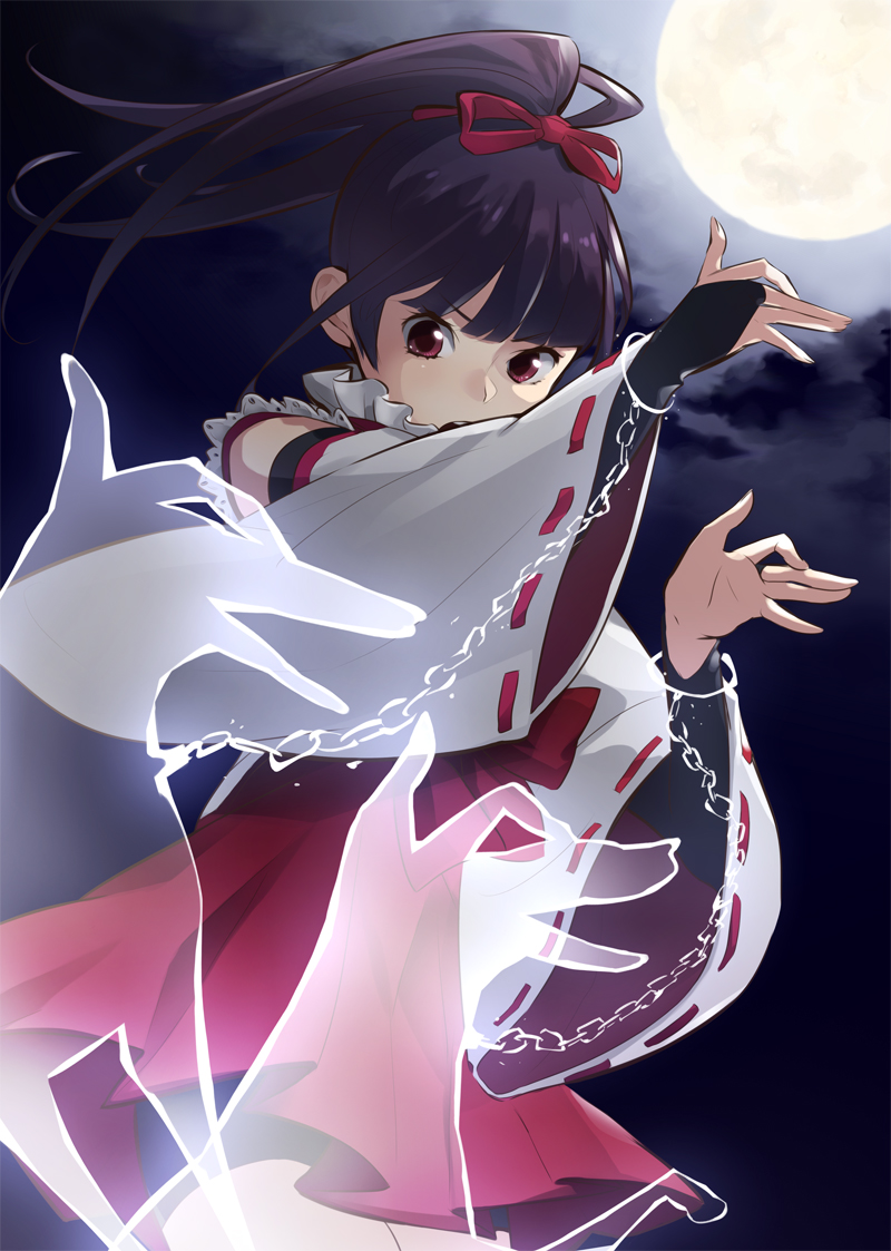 bangs, black_hair, blunt_bangs, bridal_gauntlets, chain, chains, detached_sleeves, full_moon