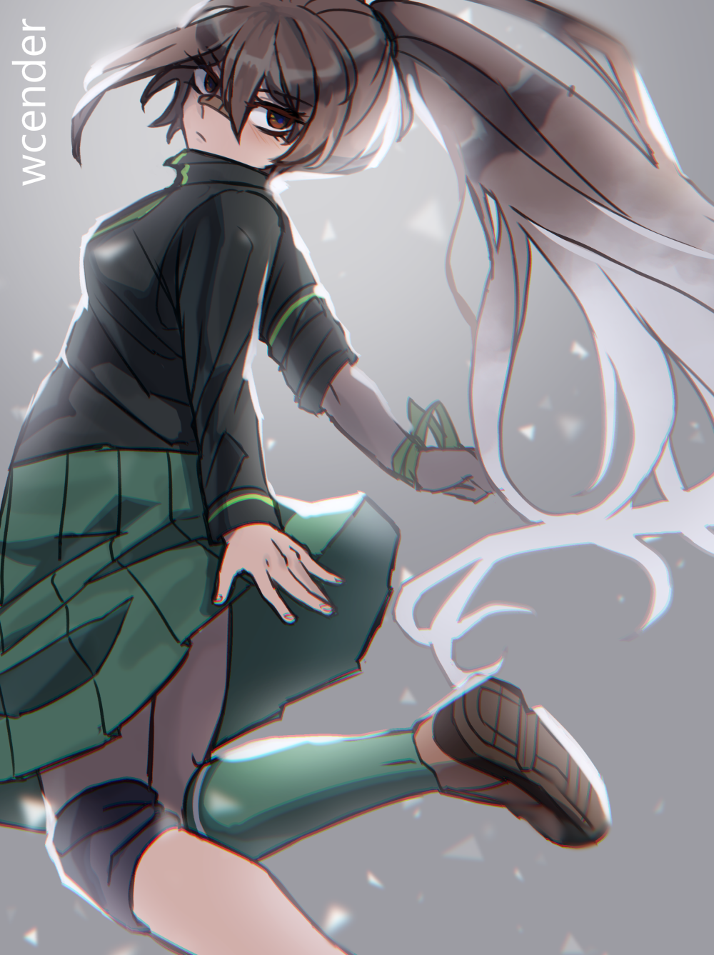 1girl, arm_ribbon, arms_behind_back, artist_name, bandaid, bandaid_on_face, bandaid_on_nose, black_jacket, brown_eyes, brown_hair, brown_shoes, clenched_hand, collared_jacket, danganronpa:_despair_time, frown, gradient_hair, green_ribbon, green_skirt, grey_background, grey_hair, hair_between_eyes, high_ponytail, highres, jacket, knee_strap, light_particles, long_hair, long_sleeves, looking_at_viewer, looking_back, multicolored_hair, outstretched_arms, ponytail, ribbon, shoes, sidelocks, simple_background, skirt, solo, spread_arms, teruko_tawaki, very_long_hair, wcender
