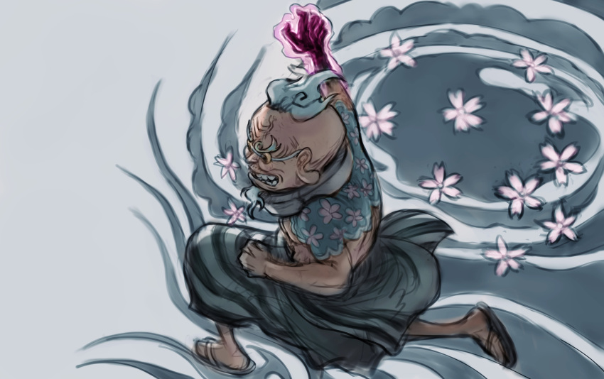 1boy, absurdres, arm_tattoo, back_tattoo, blue_hair, commentary, darkcore2943, flower