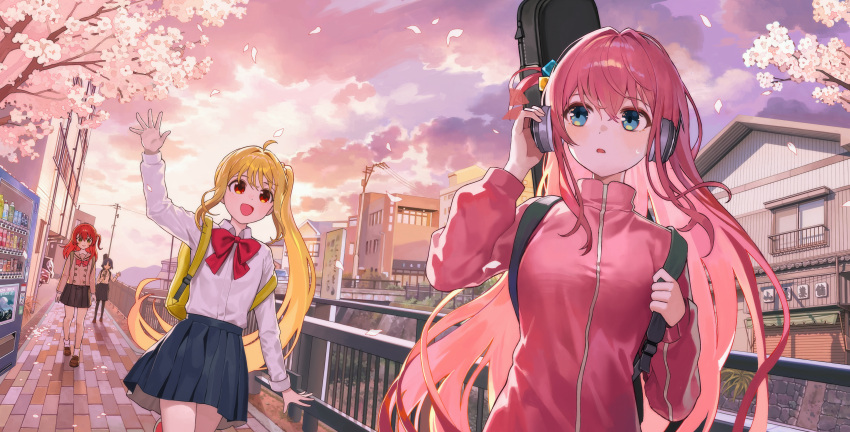 4girls, absurdres, bag, blonde_hair, blue_eyes, blue_hair, blush, bocchi_the_rock!, bow, bowtie, building, buttons, car, cherry_blossoms, cityscape, clouds, cloudy_sky, collared_shirt, commentary_request, double-breasted, gotoh_hitori, green_bag, green_eyes, guitar_case, hair_between_eyes, hair_ornament, hammi, headphones, highres, ijichi_nijika, instrument_case, jacket, kita_ikuyo, long_hair, medium_hair, motor_vehicle, multiple_girls, orange_eyes, pink_hair, pink_jacket, power_lines, railing, red_bow, red_bowtie, red_hair, shirt, skirt, sky, sweatdrop, utility_pole, vending_machine, walking, waving, white_shirt, wide_shot, yamada_ryo, yellow_bag