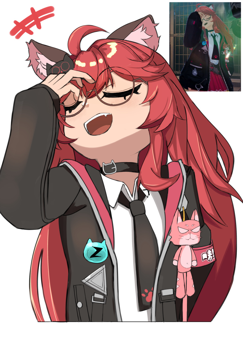 1girl, absurdres, ahoge, animal_ear_fluff, animal_ears, black-framed_eyewear, black_choker, black_jacket