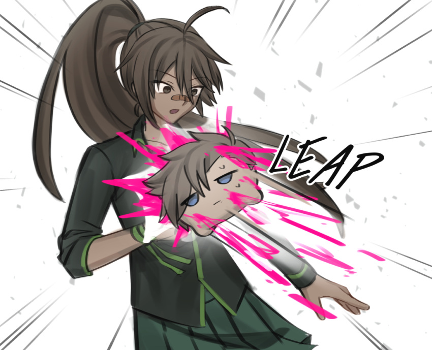 1boy, 1girl, ahoge, arm_ribbon, bandaid, bandaid_on_face, bandaid_on_nose, blob