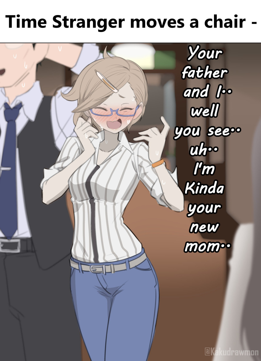 2girls, absurdres, blue_pants, blush, breasts, brown_hair, closed_eyes, digimon