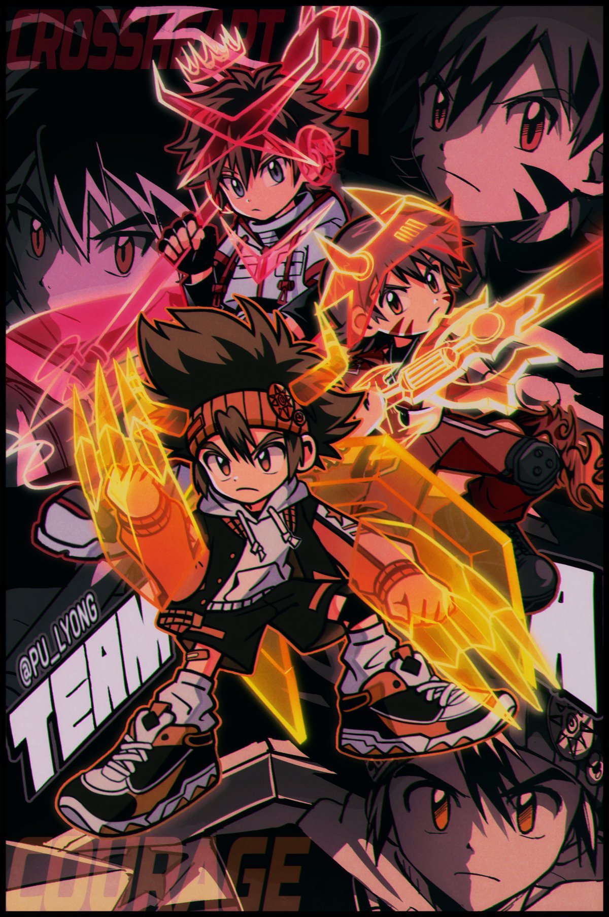 3boys, black_jacket, black_shorts, brown_eyes, brown_hair, claw_(weapon), digimon, digimon_adventure