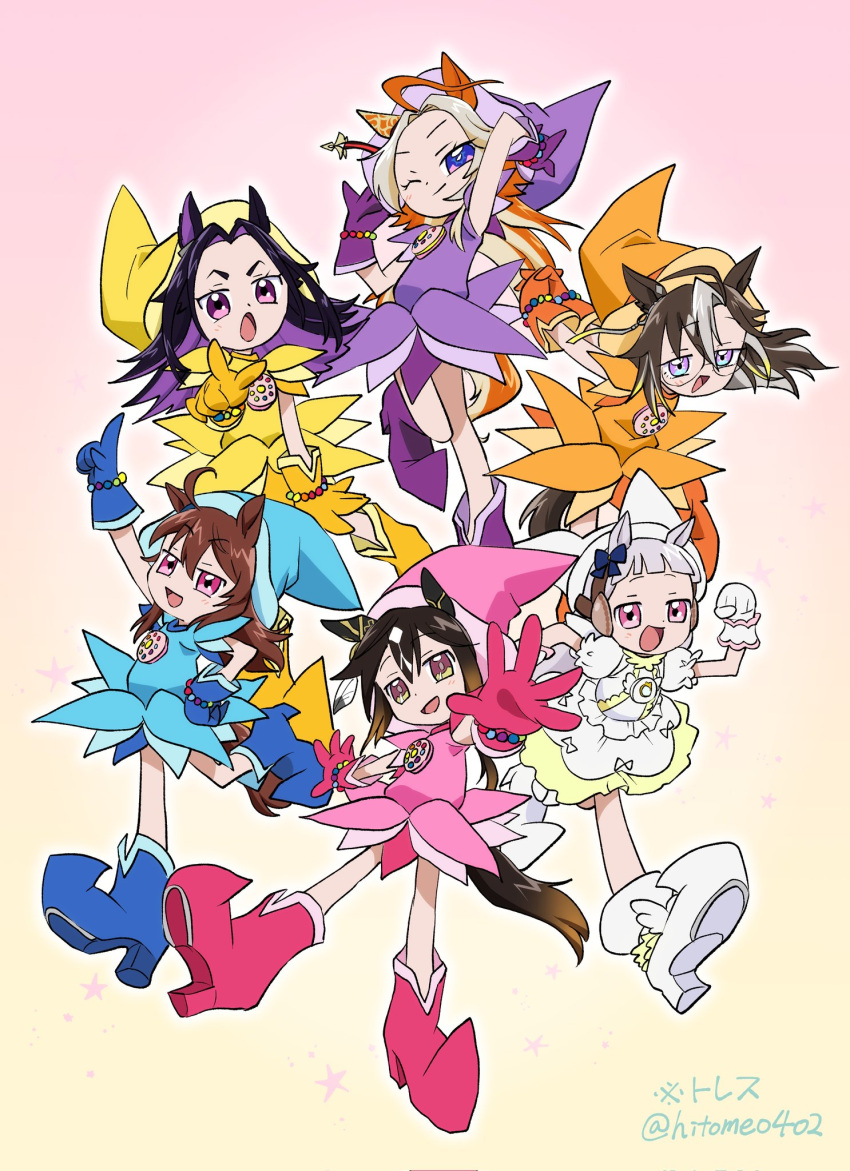 6+girls, ahoge, animal_ears, black_hair, blue_eyes, boots, brown_eyes, brown_hair